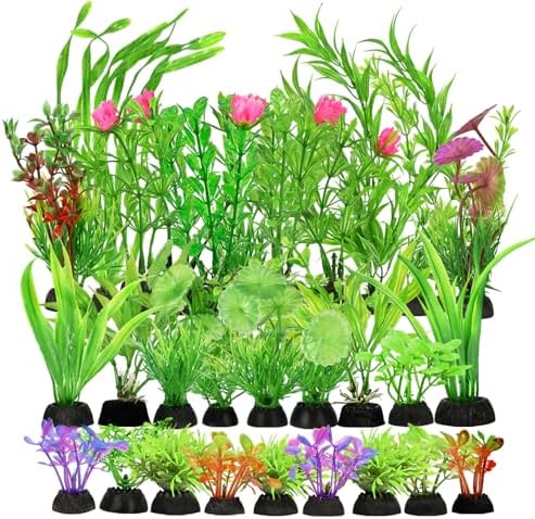 Vibrant green and pink plastic water grass decorations showing assorted heights