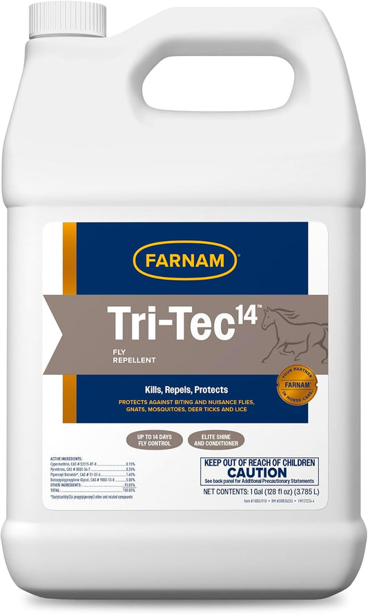 Farnam Tri-Tec 14 fly spray for horses one gallon white container front view