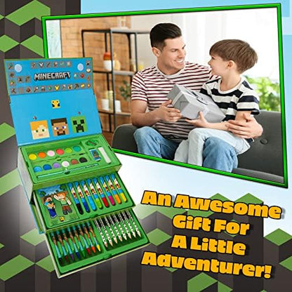 Minecraft 40 piece colouring and drawing set laid out with watercolor disks and markers