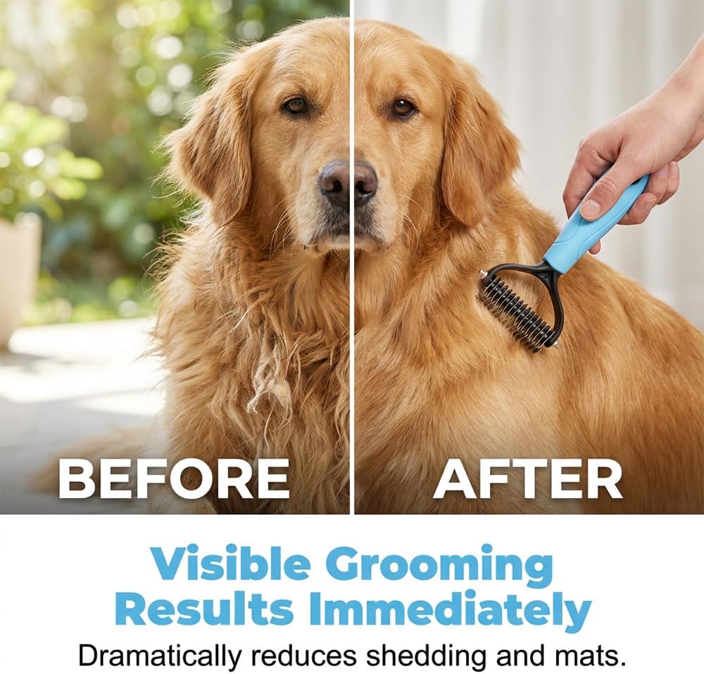 Dual sided pet undercoat rake showing stainless steel teeth for detangling