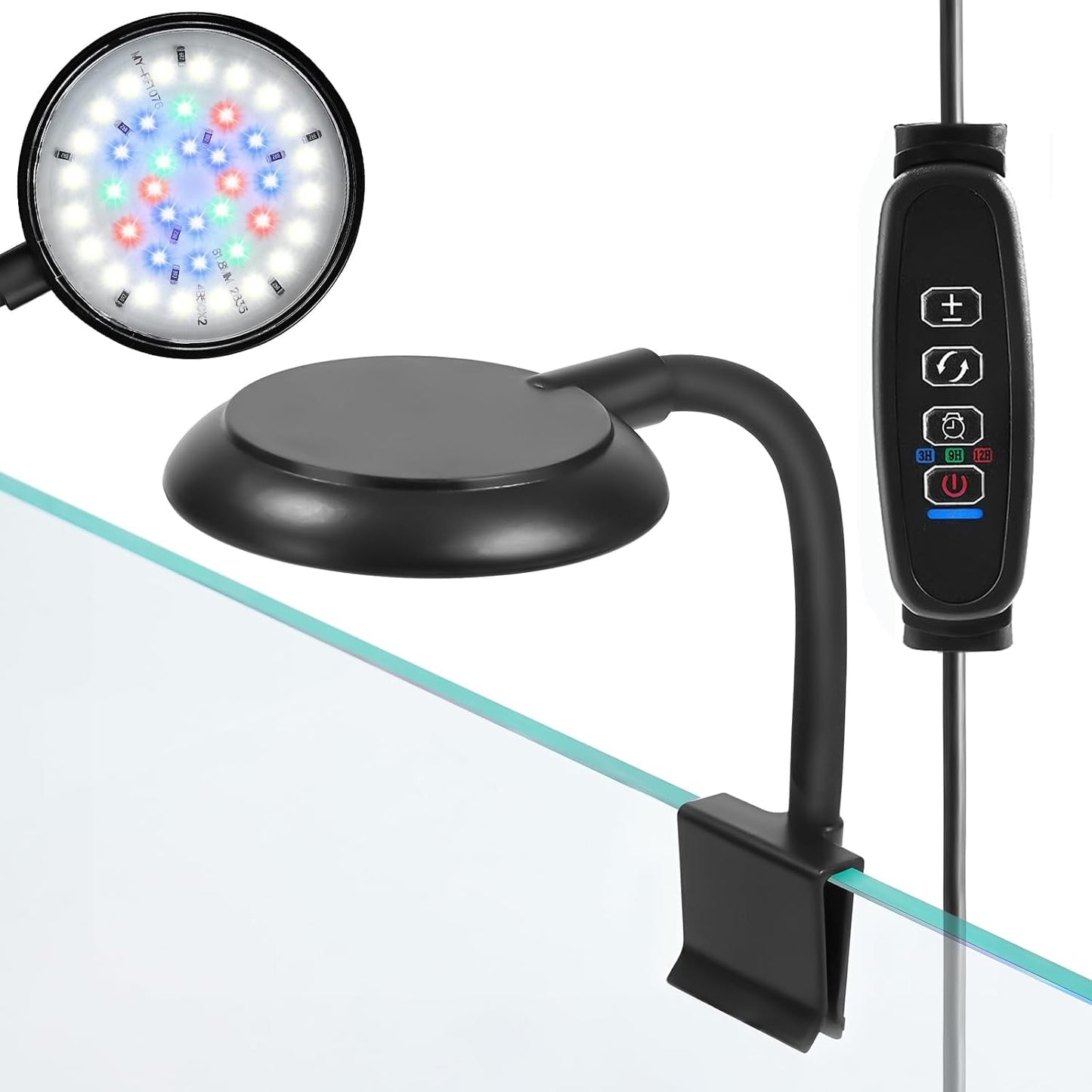 DaToo AQUANEAT Clip On Aquarium Light front view highlighting the compact matte black finish and light emitting diode layout.