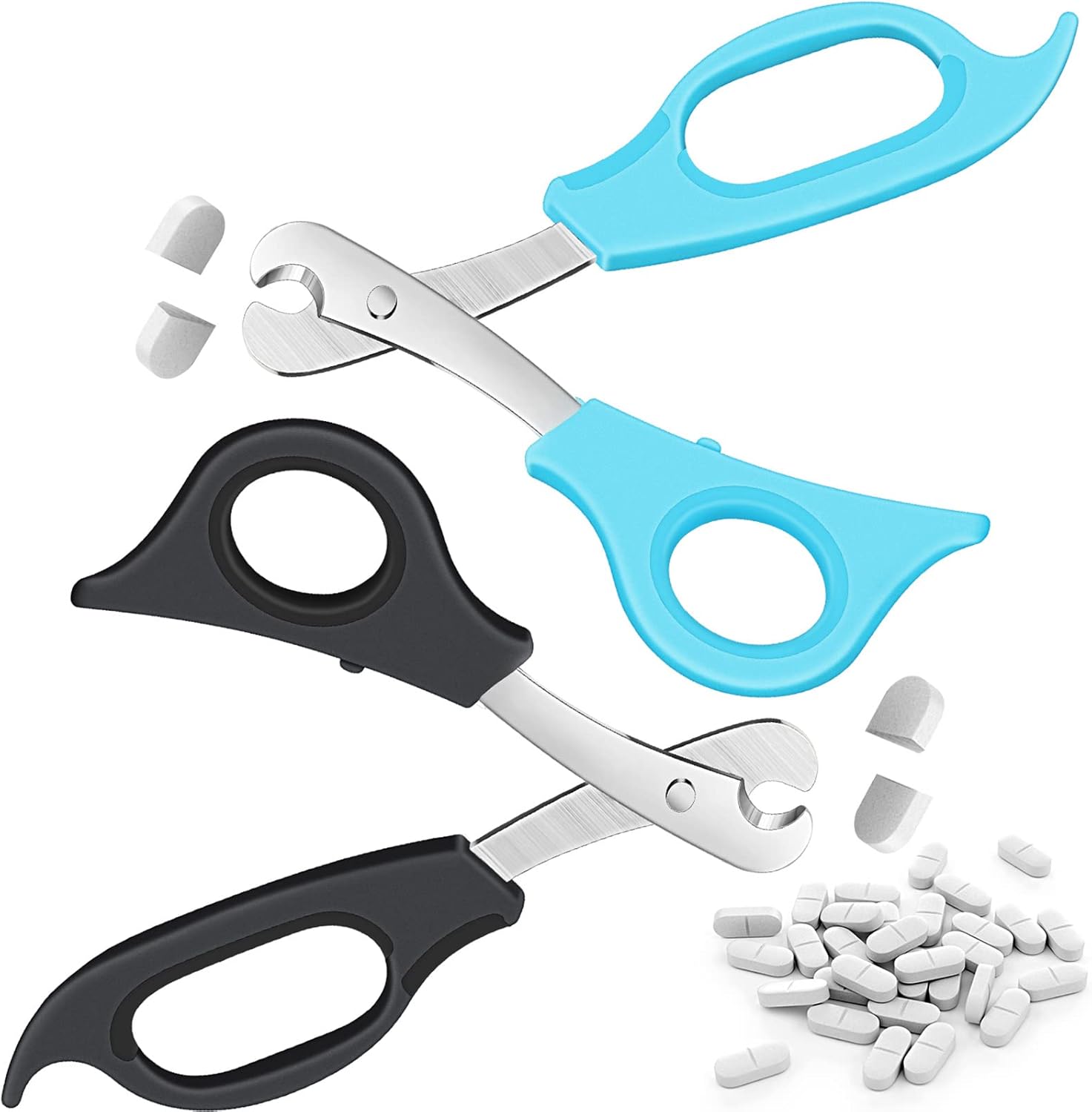 Mudder pill splitter scissors set front view showing black and sky blue ergonomic handles