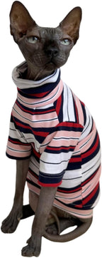 Side view of hairless cat in grey stripe turtleneck pet clothes