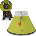 Lightweight pet recovery cone demonstrating flexible foam bounce back material