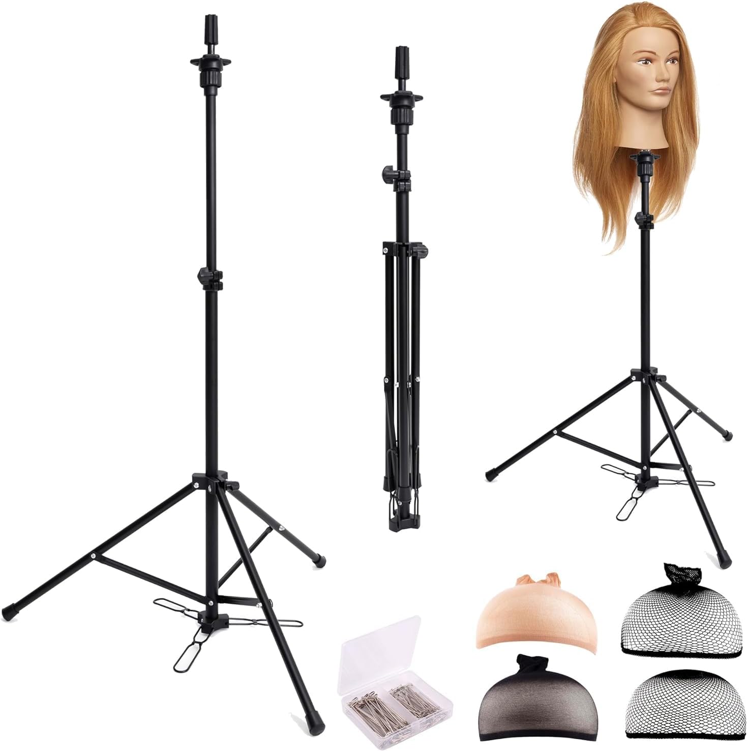 HYOUJIN tall wig head stand tripod front view showing adjustable alloy steel legs