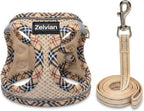 Adjustable vest style cat harness beige plaid design close up