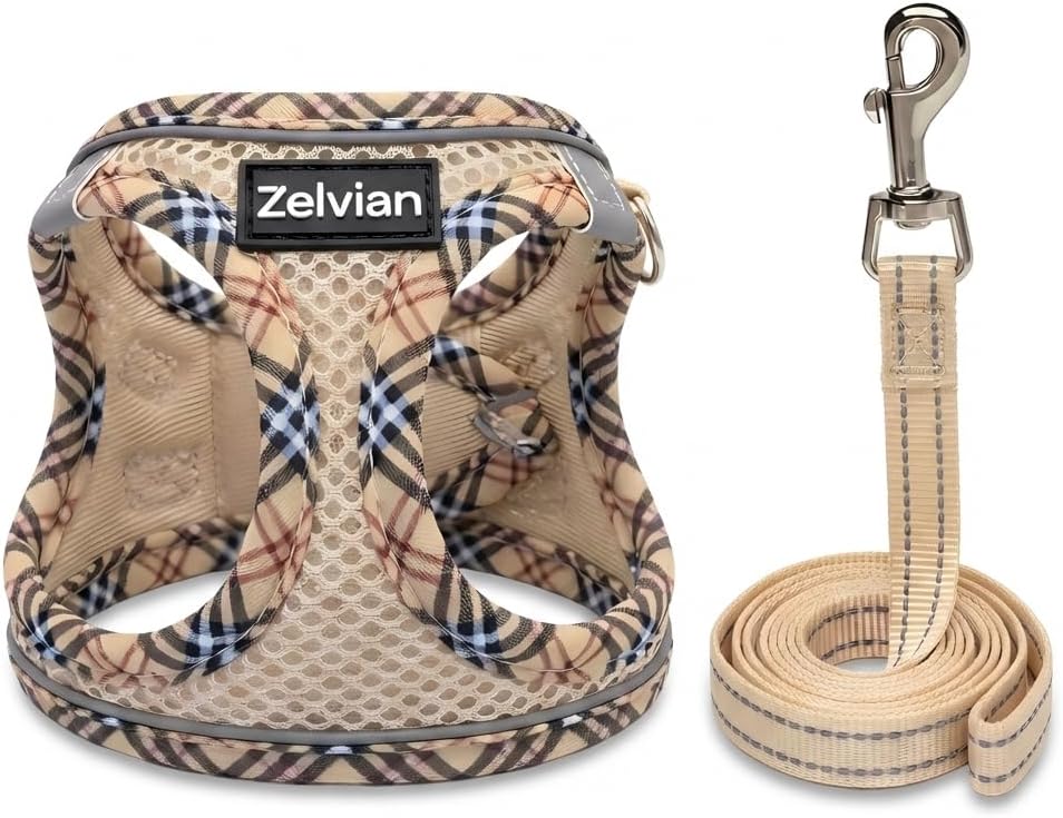 Adjustable vest style cat harness beige plaid design close up