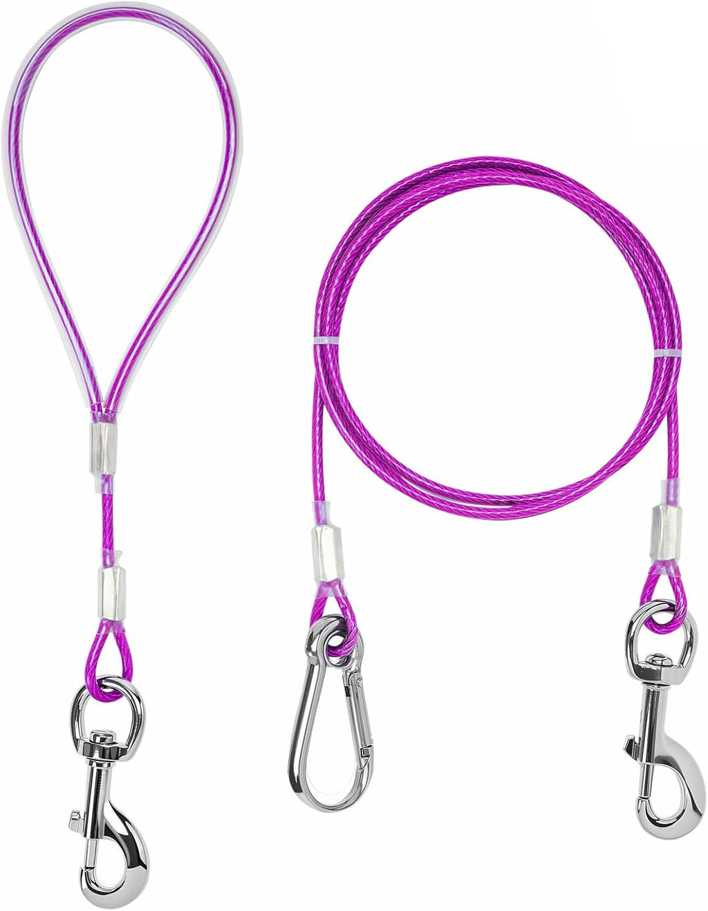 Mi Metty chew resistant pet leash assembly showing anti rust alloy steel components and silver braided cord.