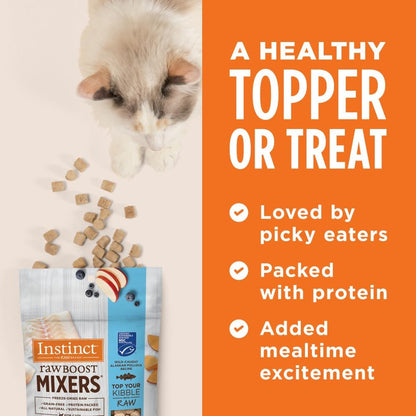 Instinct 5 ounce freeze dried raw cat food topper bag standing upright.