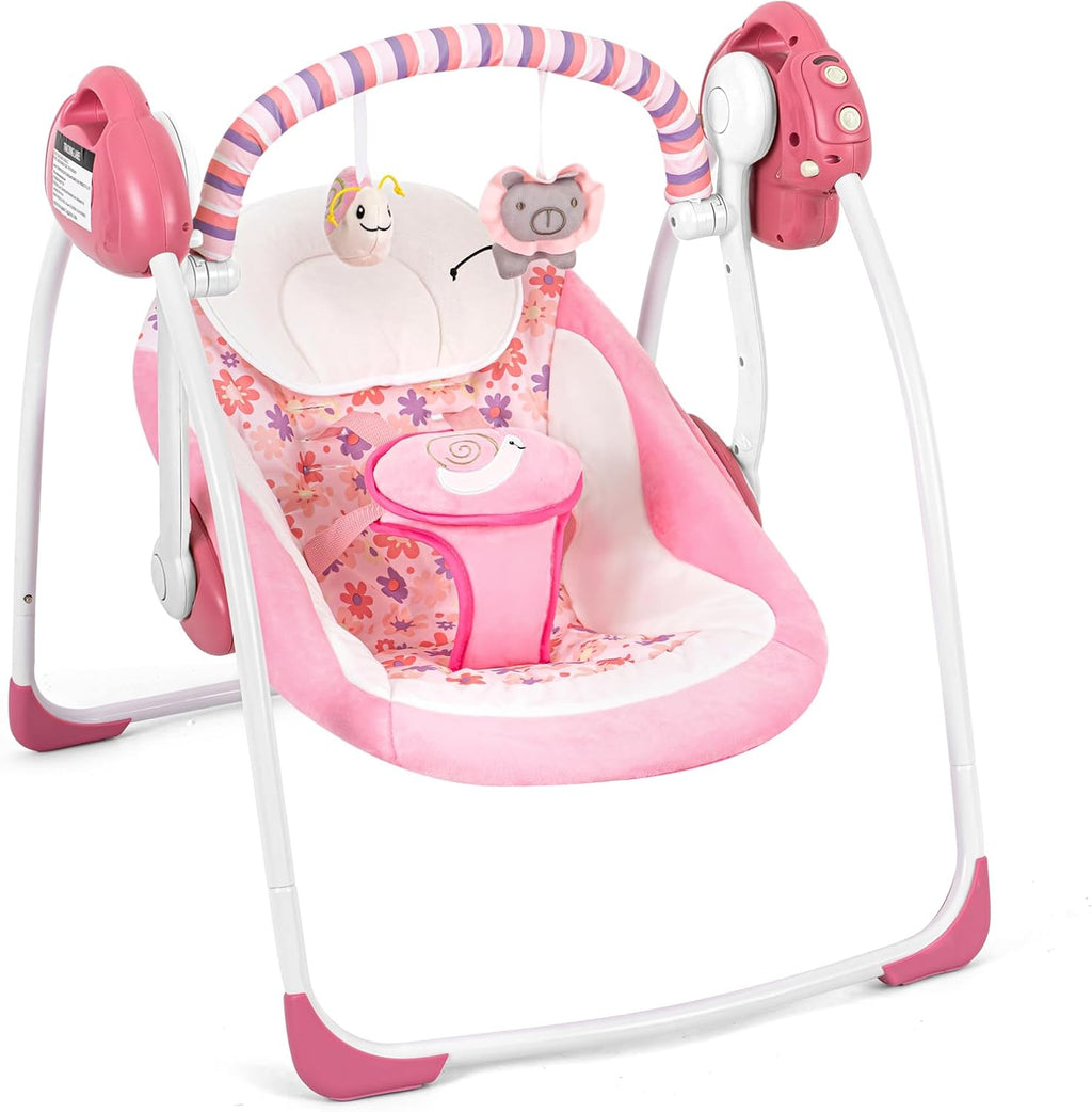Duomilee portable electric baby swing front view in pink and white