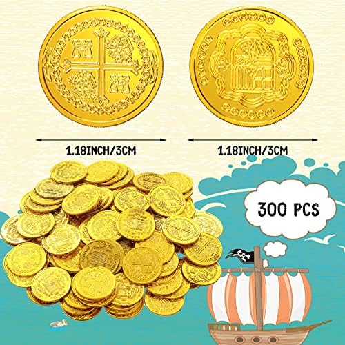 Bulk pack of three hundred fake gold treasure coins scattered on a wooden table.