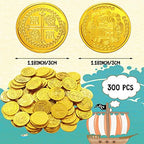 Bulk pack of three hundred fake gold treasure coins scattered on a wooden table.