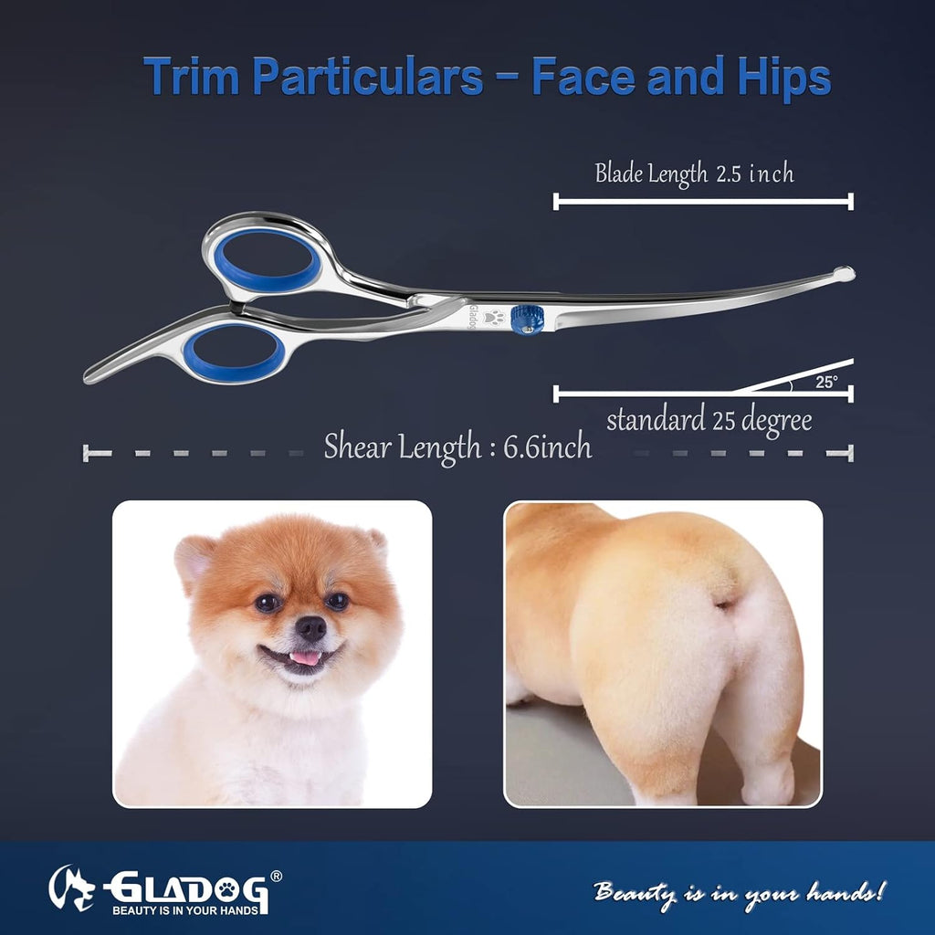 GLADOG dog thinning scissors showing the serrated blending blade for thick pet fur