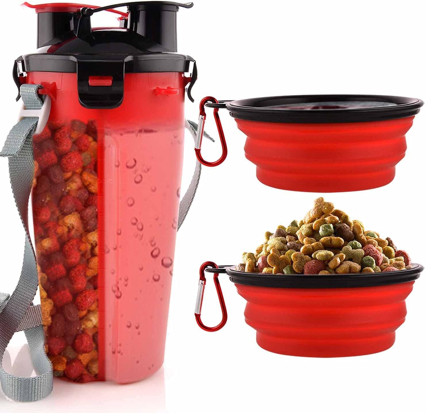 Compact outdoor pet hydration set with two orange collapsible bowls flat