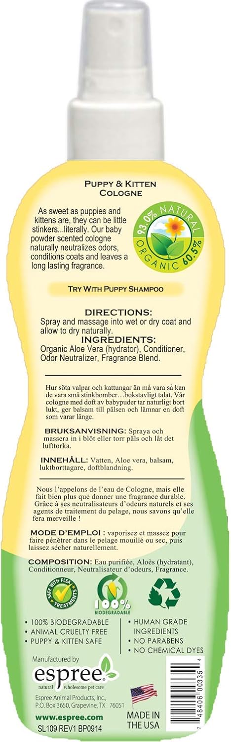 Authentic USA imported Espree conditioning pet spray for puppies and kittens showing ingredient list details.