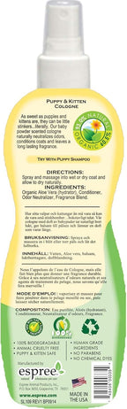 Authentic USA imported Espree conditioning pet spray for puppies and kittens showing ingredient list details.
