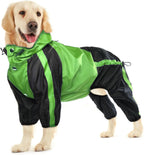 OUOBOB waterproof dog raincoat front view of large dog wearing green poncho.