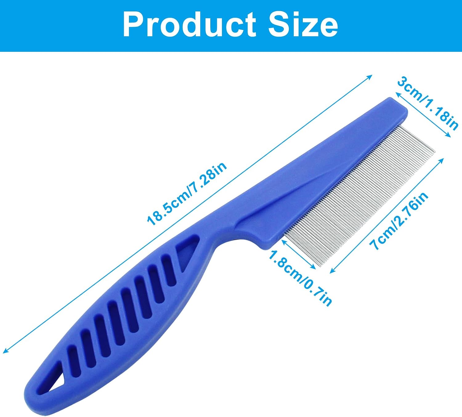 Fine tooth metal pet lice comb close up highlighting the stainless steel teeth.