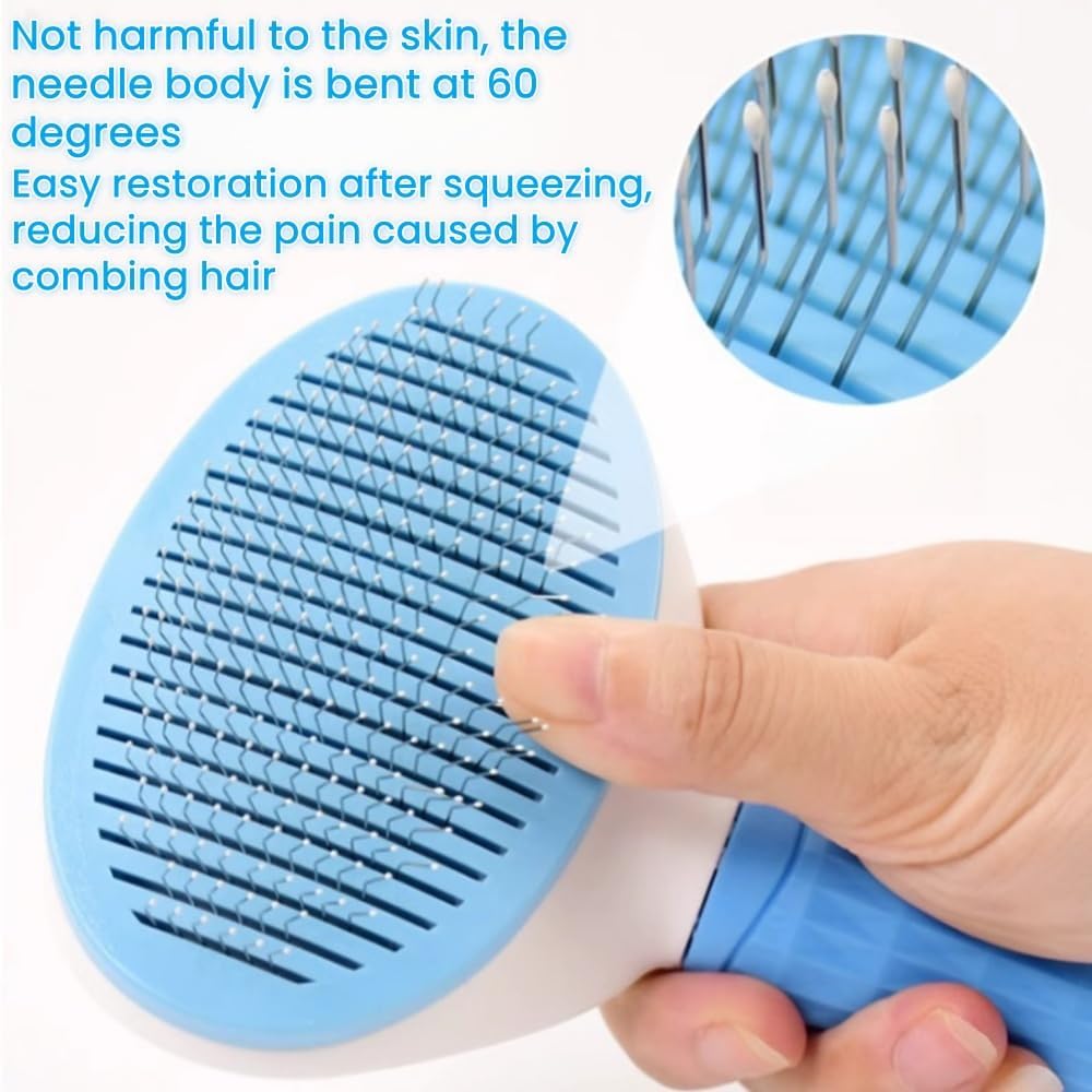 JRKOETY slicker brush demonstrating the one click hair release button mechanism releasing fur