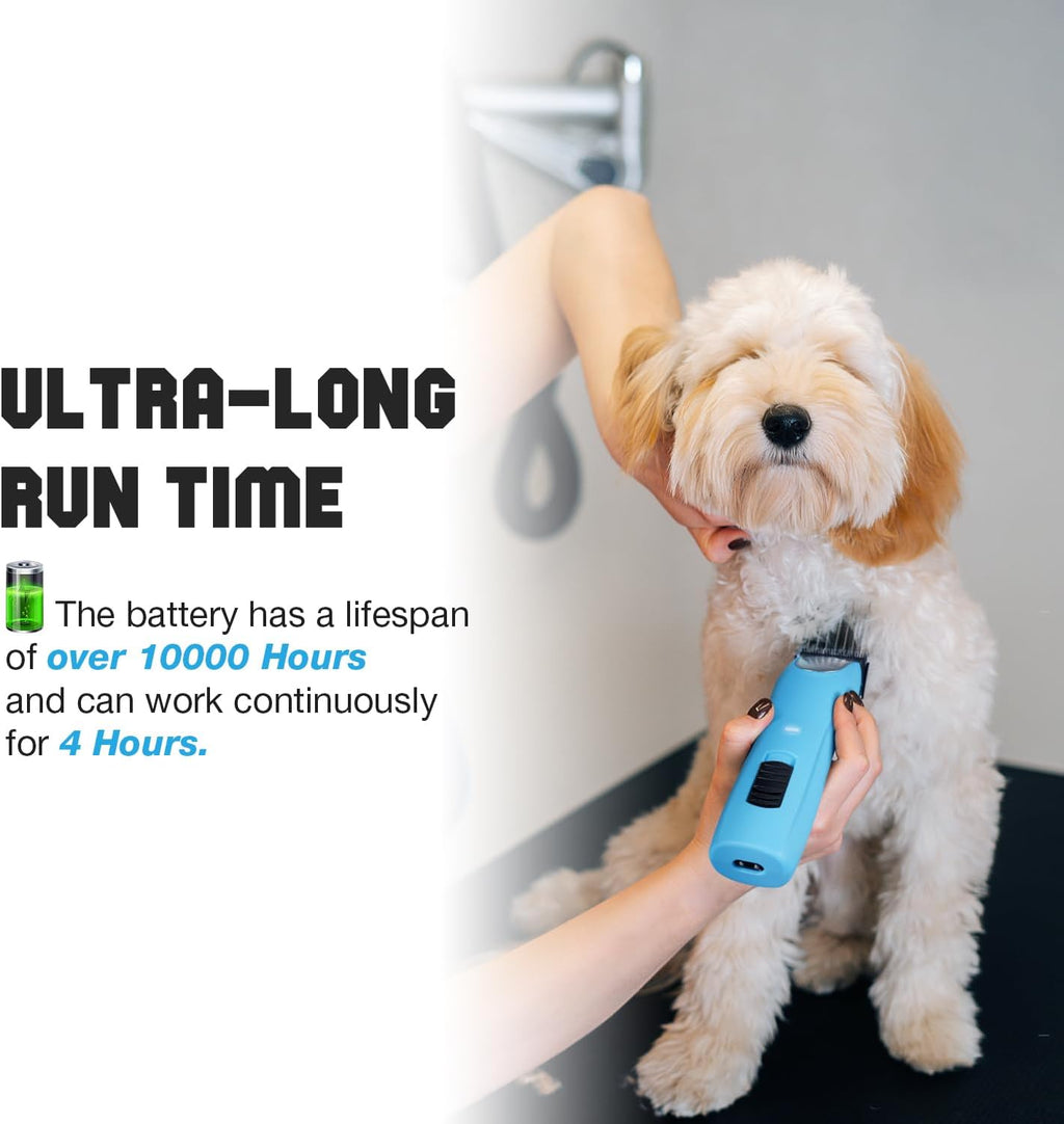 FuzzyFix heavy duty pet hair trimmer showing the two speed control buttons and battery indicator light.