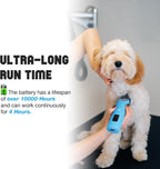 FuzzyFix heavy duty pet hair trimmer showing the two speed control buttons and battery indicator light.
