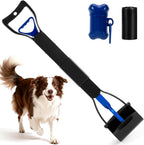 Greatbond 32 Inch Long Handle Dog Pooper Scooper front view showcasing blue non stick ABS plastic jaw bucket