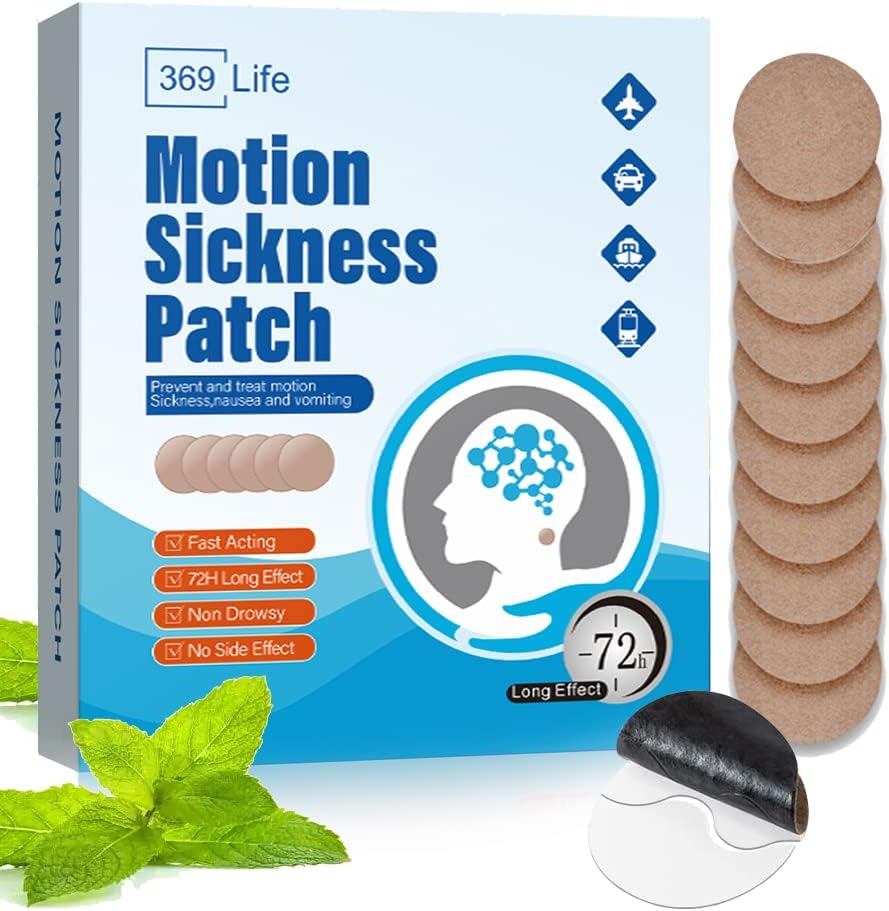 369 Life motion sickness patches front view of package containing ten count herbal travel relief stickers.