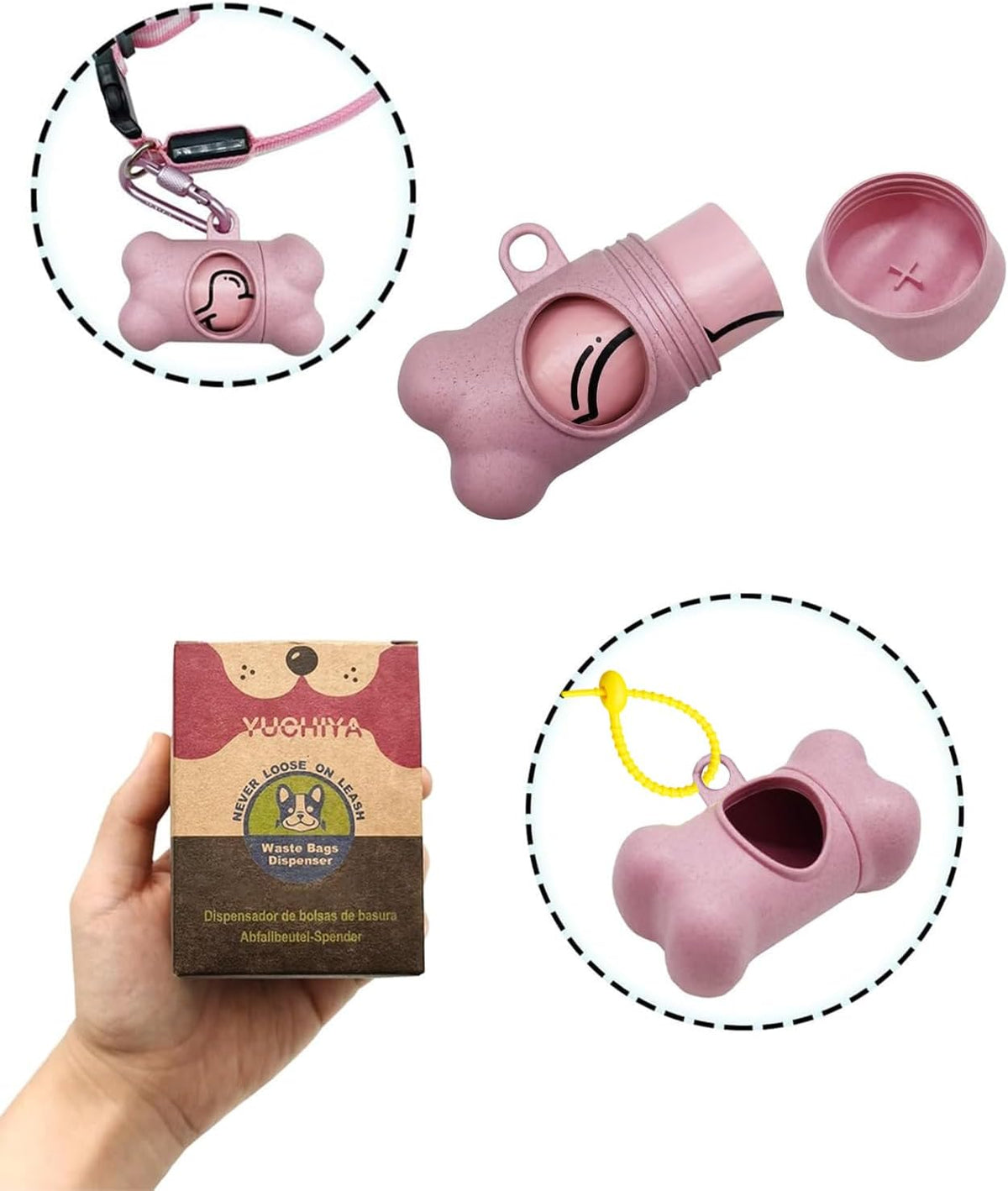 YUCHIYA pink bone shaped poop bag holder on leash lead