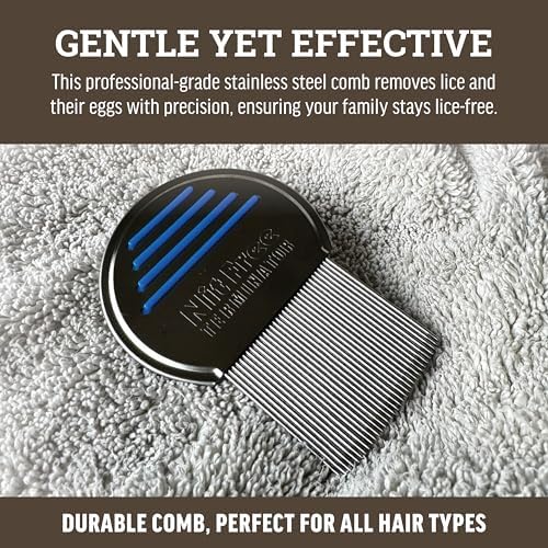 Lice Queen comb ergonomic handle with blue anti-slip bands for secure grip.