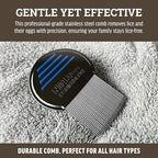 Lice Queen comb ergonomic handle with blue anti-slip bands for secure grip.