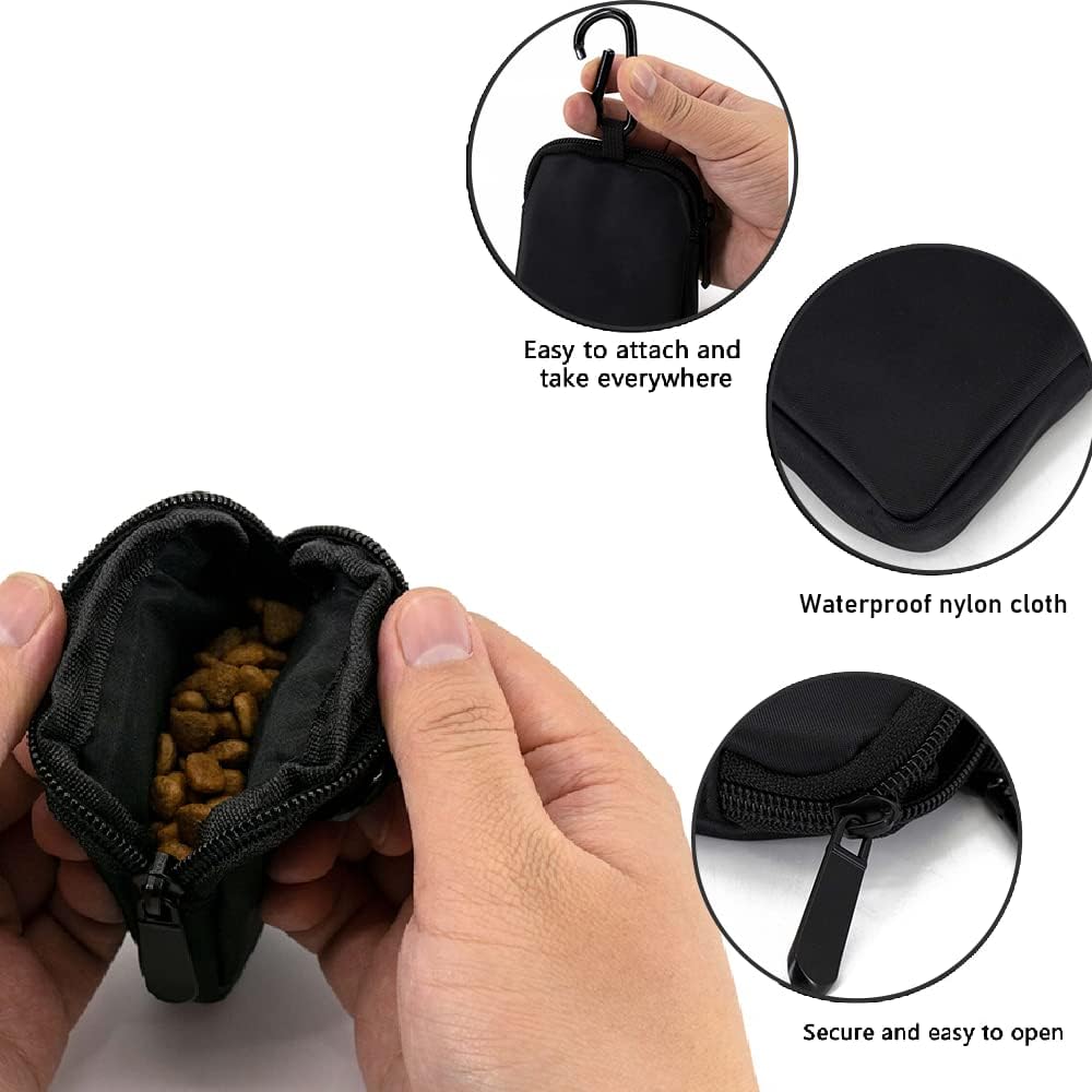 Waterproof pet training pouch displaying front zippered pocket holding personal keys and smartphone