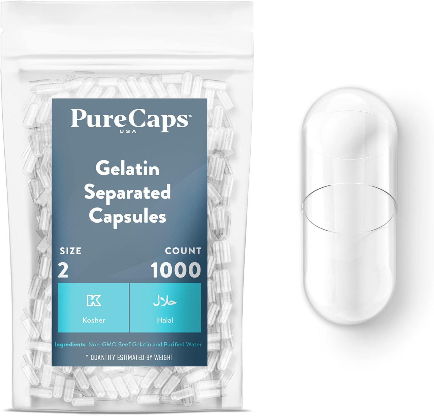 PureCaps USA Size 2 empty gelatin capsules packaging front view