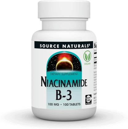Source Naturals Niacinamide B3 100 Tablets front view showing premium authentic vitamin B3 imported skincare supplement bottle design