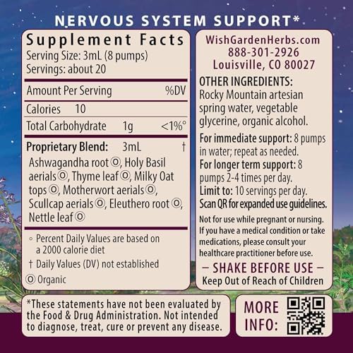 WishGarden Herbs Deep Stress liquid supplement bottle showing the legal disclaimer and daily serving guidelines.