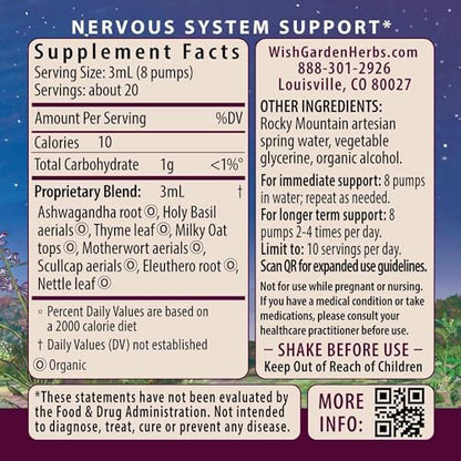 WishGarden Herbs Deep Stress liquid supplement bottle showing the legal disclaimer and daily serving guidelines.