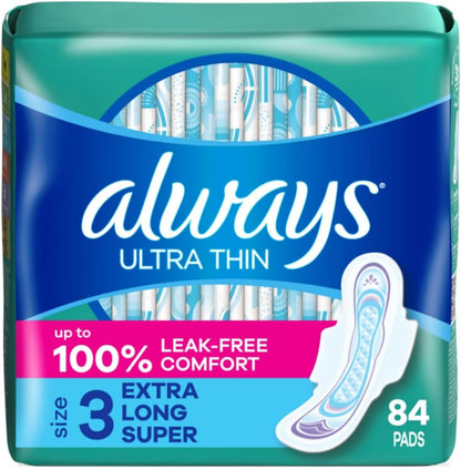 Always Ultra Thin Size 3 Extra Long Super Pads 84 Count front packaging.