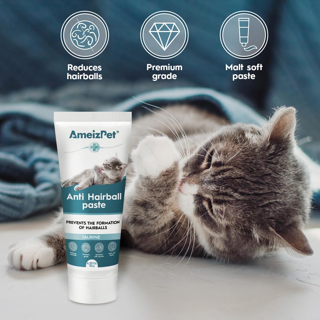 Anti hairball malt paste for cats being squeezed onto a spoon for easy dosing.