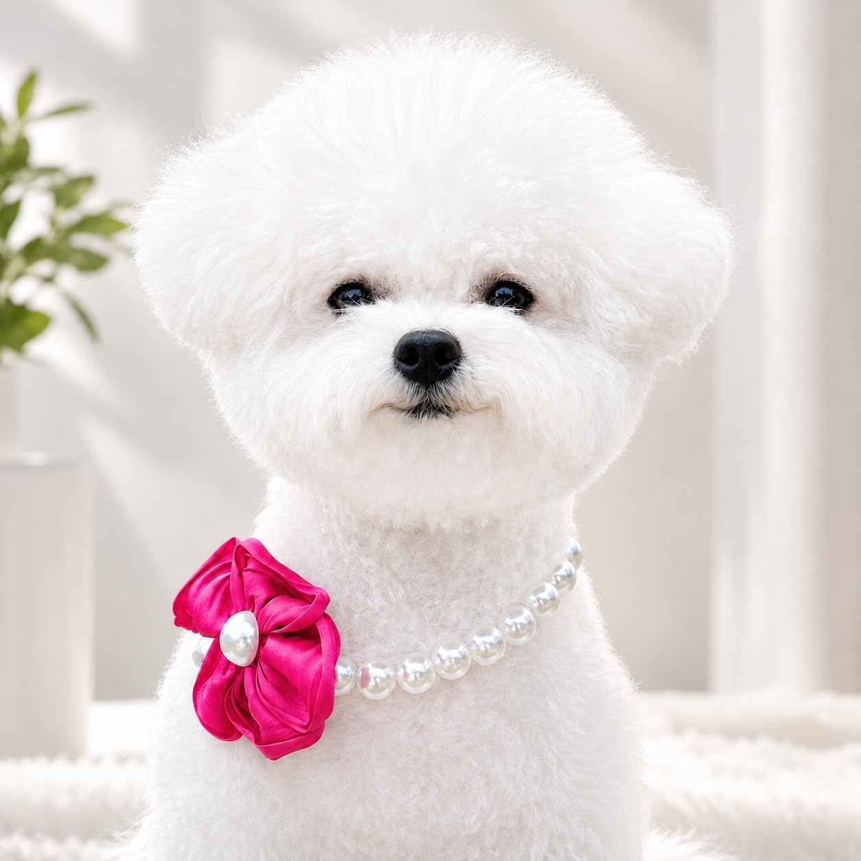 Adjustable faux pearl pet collar with a bright pink ribbon flower attachment