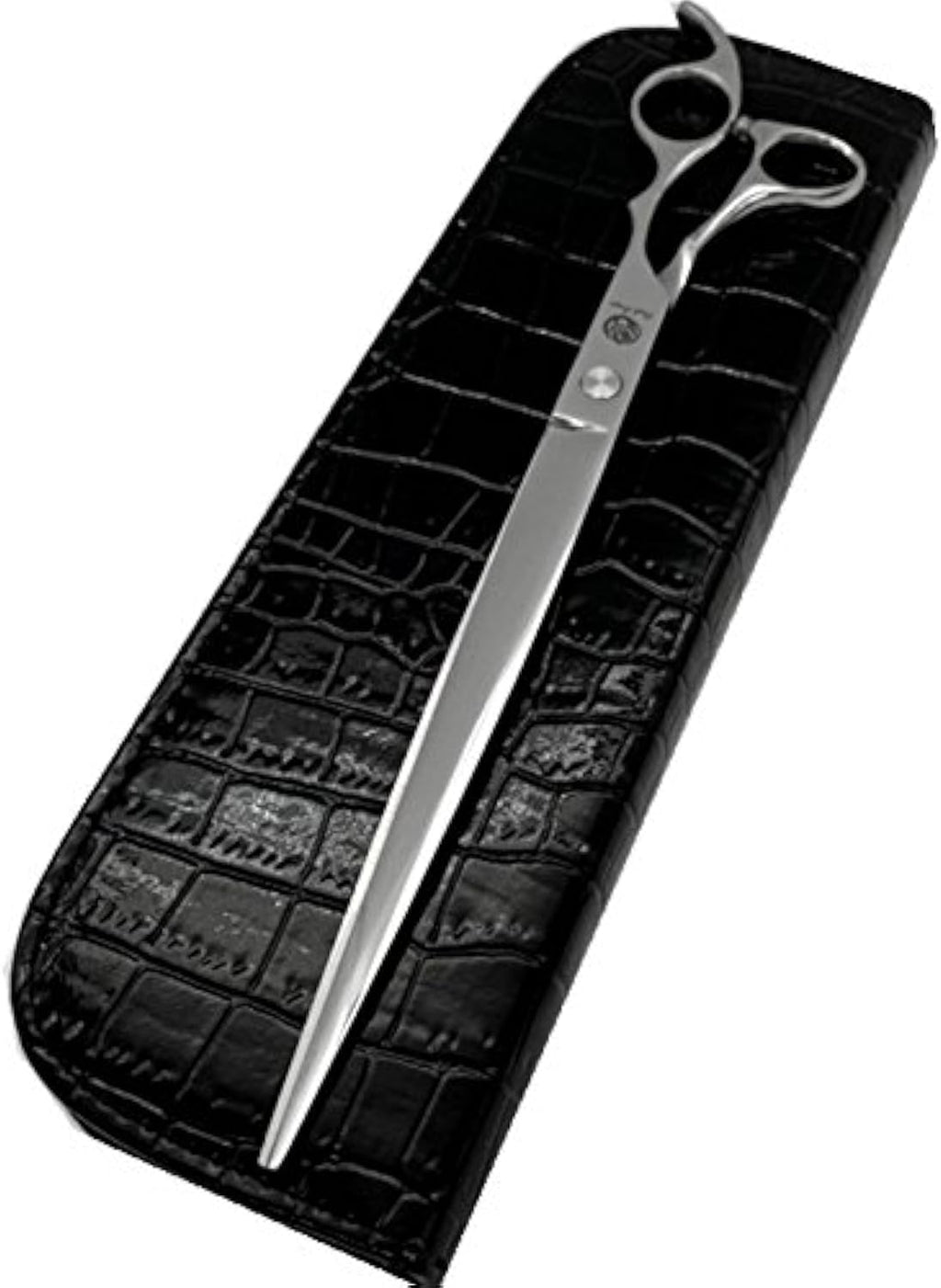 Ergonomic western style handle design of Purple Dragon barber shears for reducing hand fatigue.
