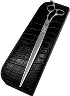 Ergonomic western style handle design of Purple Dragon barber shears for reducing hand fatigue.