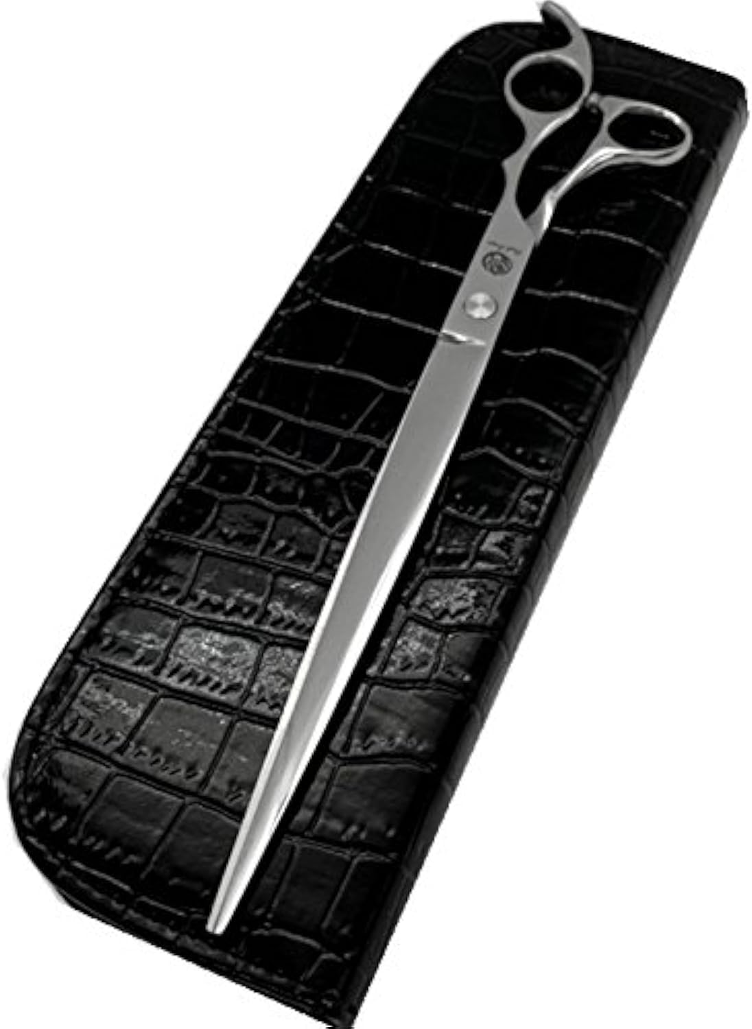 Ergonomic western style handle design of Purple Dragon barber shears for reducing hand fatigue.