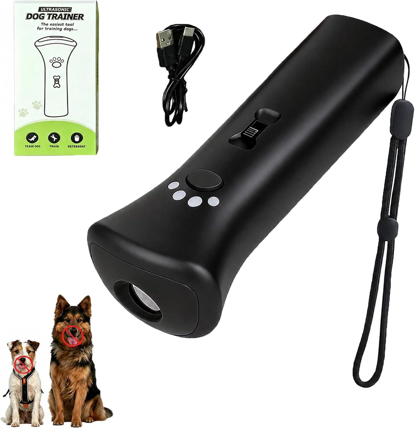 Yoope ultrasonic dog trainer front view showing dual sensors and handheld design