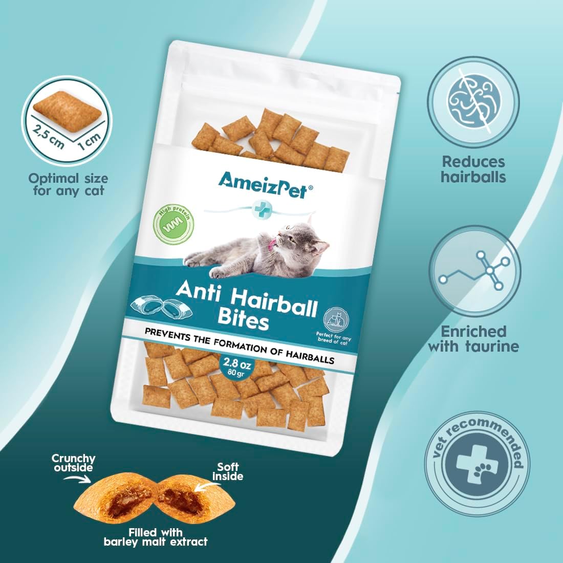 Crunchy cat biscuits hairball remedy showing kibble texture and size.