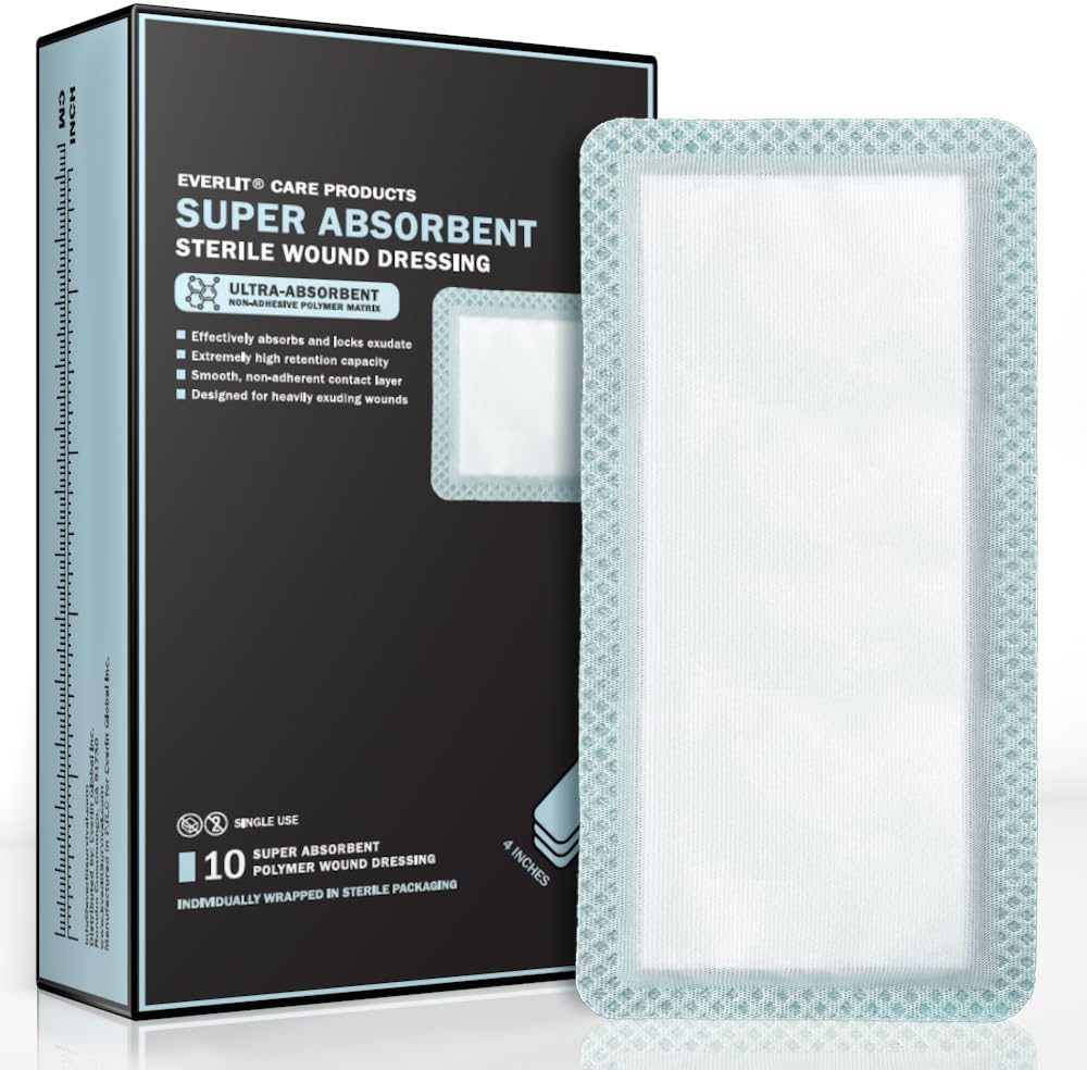 Everlit Super Absorbent Wound Dressing front packaging view showing medical grade sterile pads