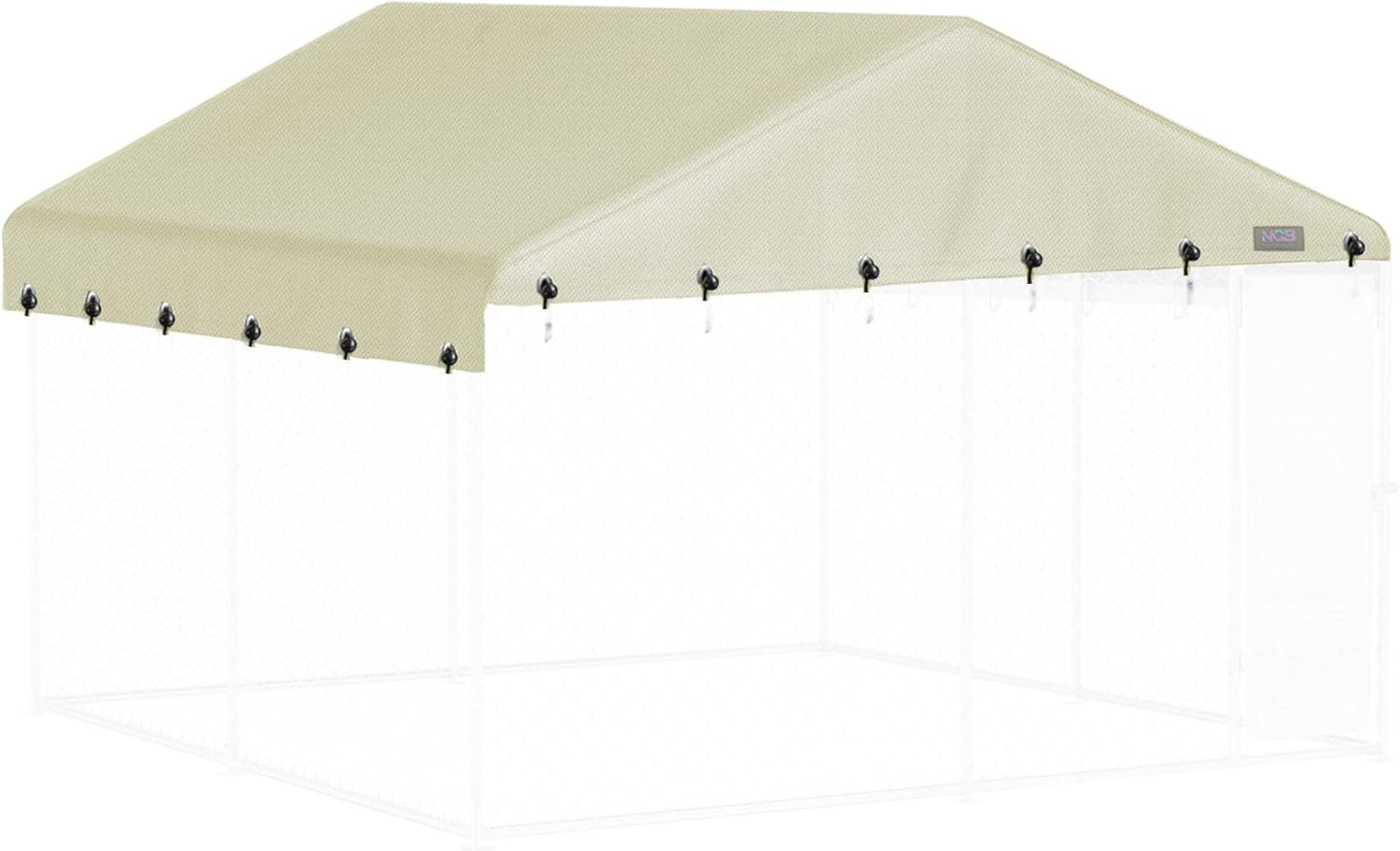 NGB outdoor kennel cover front view showing the heavy duty black canopy installed over a pet enclosure frame.