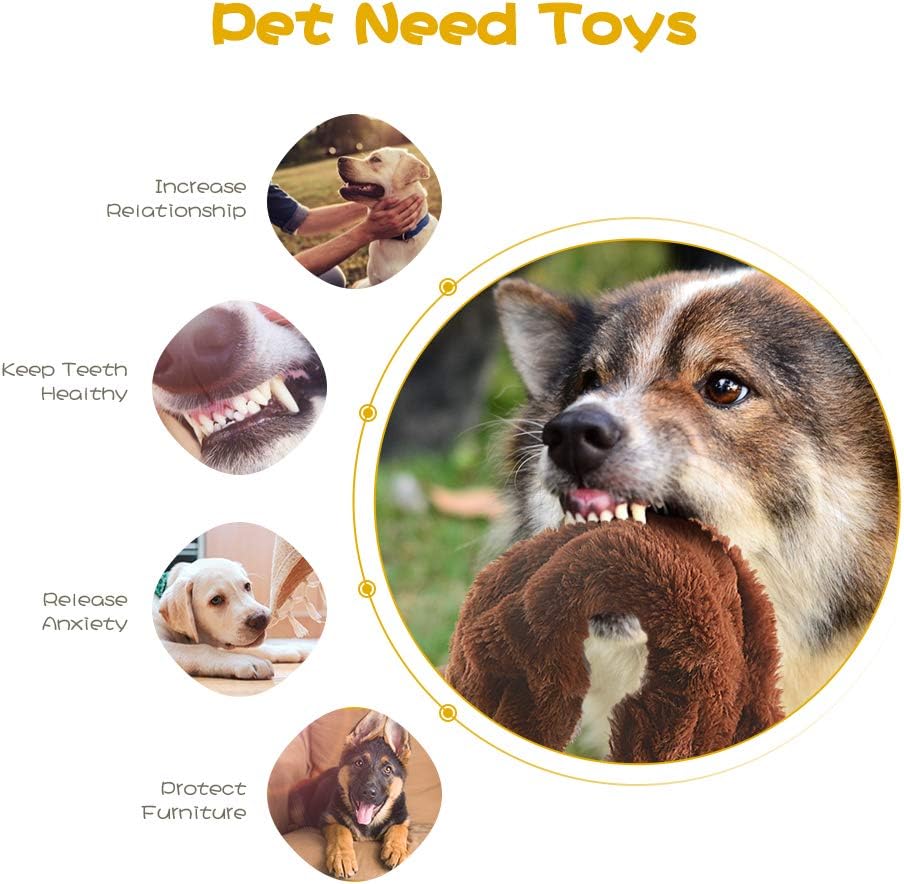 FIREOR stuffingless dog toys layout displaying the interactive dual squeakers in the head and tail