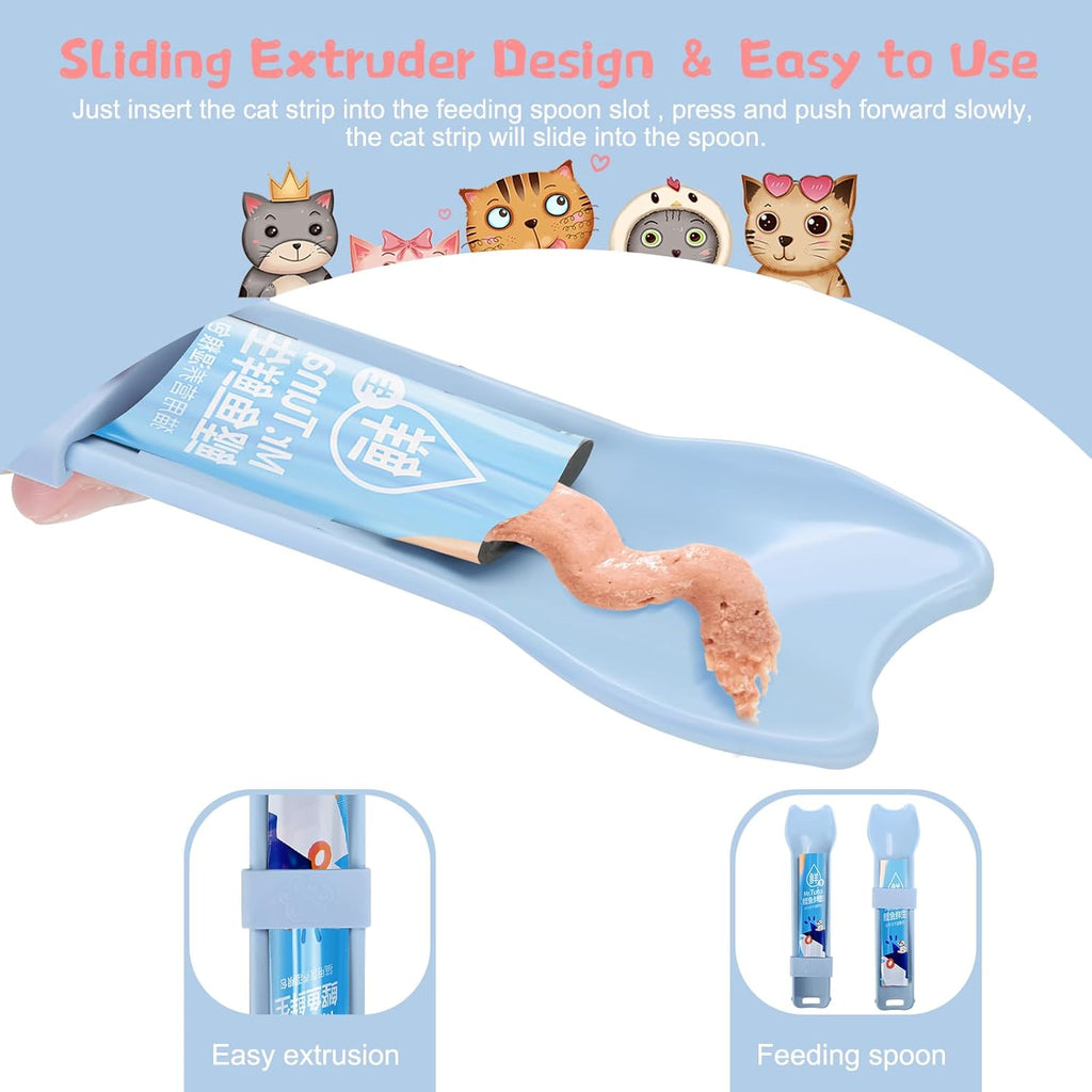 Step by step demonstration of inserting a liquid snack strip into the pet feeding scoop