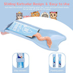 Step by step demonstration of inserting a liquid snack strip into the pet feeding scoop