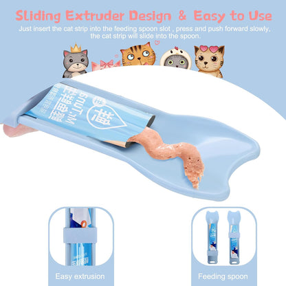Step by step demonstration of inserting a liquid snack strip into the pet feeding scoop
