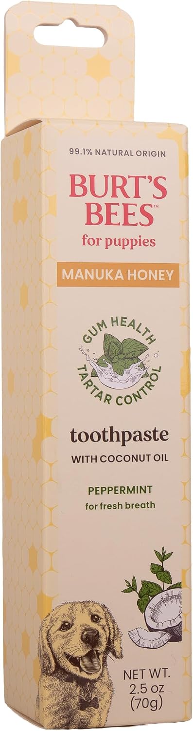USA imported Burt's Bees dog toothpaste tube detail showing natural ingredients